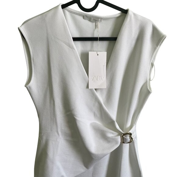 Zara Twill Wrap Dress M Oyster White Sleeveless V‑Neck Buckle Ruched NWT - Picture 7 of 13